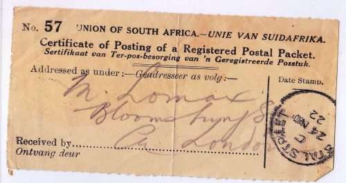 Union of SA - Registration slip and postal orders