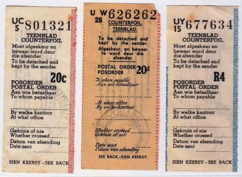 Union of SA - Registration slip and postal orders