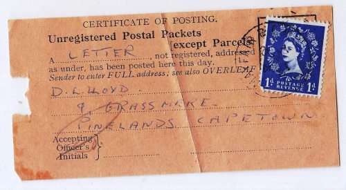 QEII - Certificate of posting to Cape Town