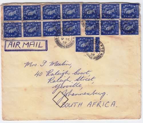 QEII 1959 Airmail cover to South Africa. Stunning stamps!