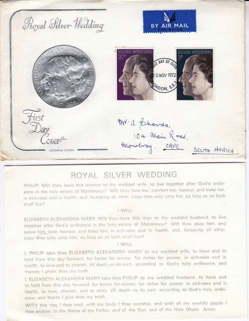 UK - 1972 - FDC - Royal Silver Wedding - QEII - Airmail letter from London to Cape Town