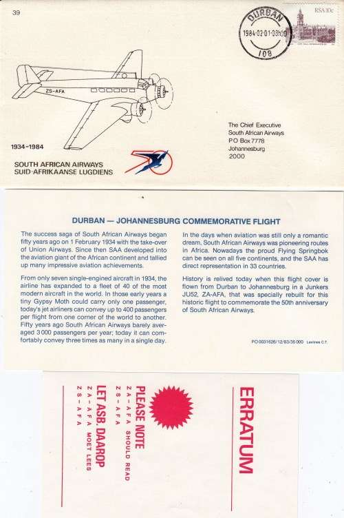 RSA - 1984 - FDC - SAA 1934-1984  - From Durban to Johannesburg