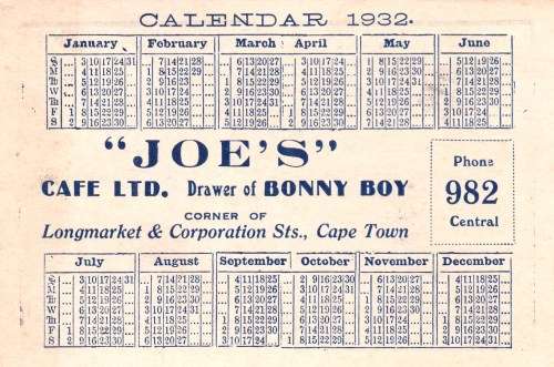 Union of SA - 1932 - Calendar - Joe`s Cafe - for the union collector!
