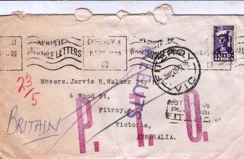 Union - 1946 Cover from Cape Town to Australia - Cancelled P.T.O. - Return to sender?