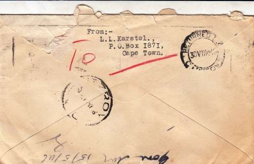 Union - 1946 Cover from Cape Town to Australia - Cancelled P.T.O. - Return to sender?