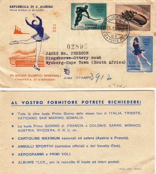 San Marino - Cover to Cape Town - 1955 - FDC - 7th Winter Olympics