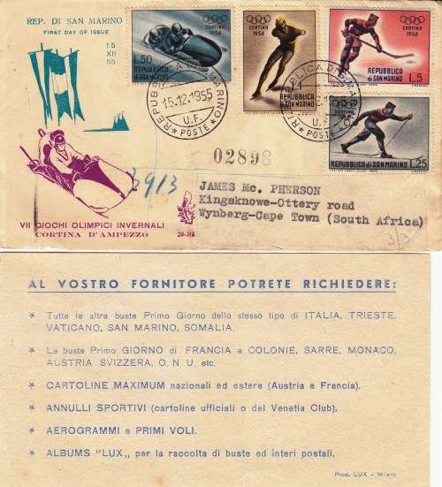 San Marino - Cover to Cape Town - 1955 - FDC - 7th Winter Olympics