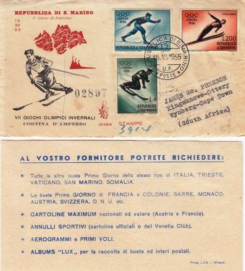 San Marino - Cover to Cape Town - 1955 - FDC - 7th Winter Olympics