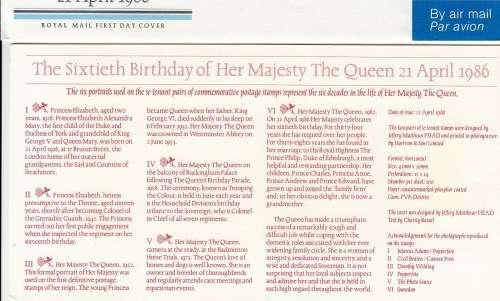 England - QEII - 1986 - FDC - The 60th Birthday of her Majesty the Queen