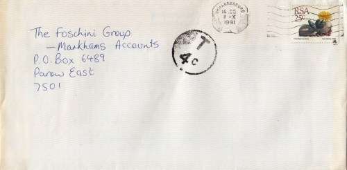 Cover from Johannesburg to  Cape Town - Surcharged - 1991