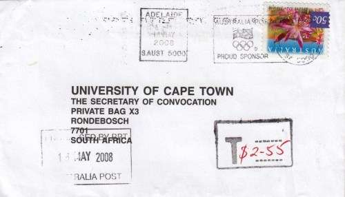 Cover from Australia to Cape Town - Surcharged - 2008 - Nice Slogans!