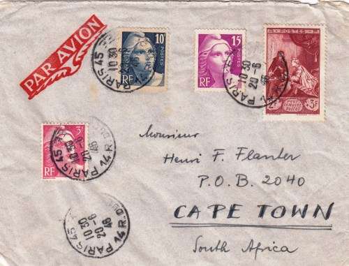 Airmail cover from Paris to Cape Town - 1946 - Stunning!