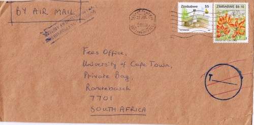 Zimbabwe cover to Cape Town - 2000 - Cancelled surcharge!