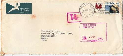 RSA - Surcharged cover to Cape Town - 1974