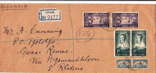 Union - Registered cover from Durban to Southern Rhodesia - 1952