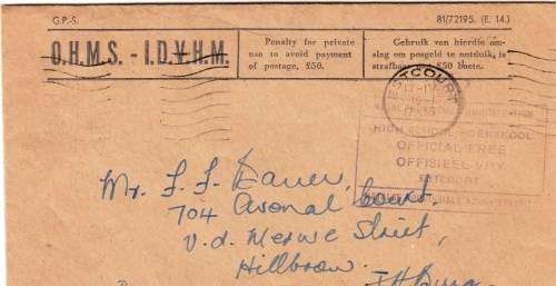 O.H.M.S. - 1961 cover from Estcourt Durban to Johannesburg