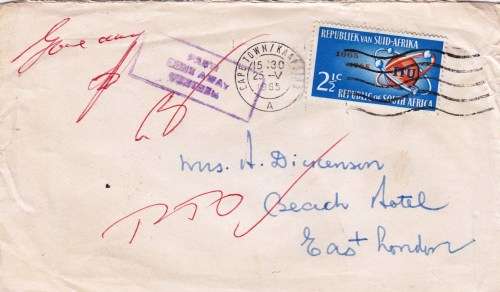Registered cover from Cape Town to East London - 1965 - Returned to sender P.T.O