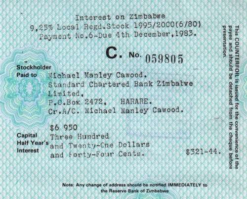 Zimbabwe - 1983 - Standard Chartered cover including interest receipt