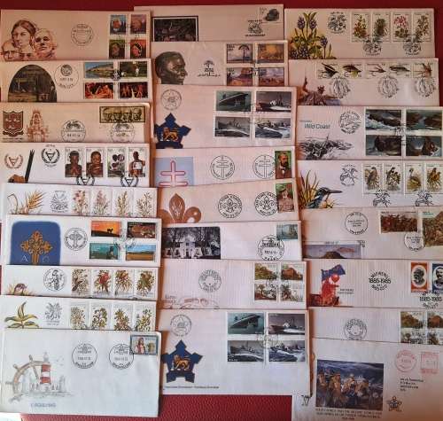 A box of FDCs - 180 FDCs - 85 Used RSA Date cards - 30 mint Post cards and date stamps - Duplicates