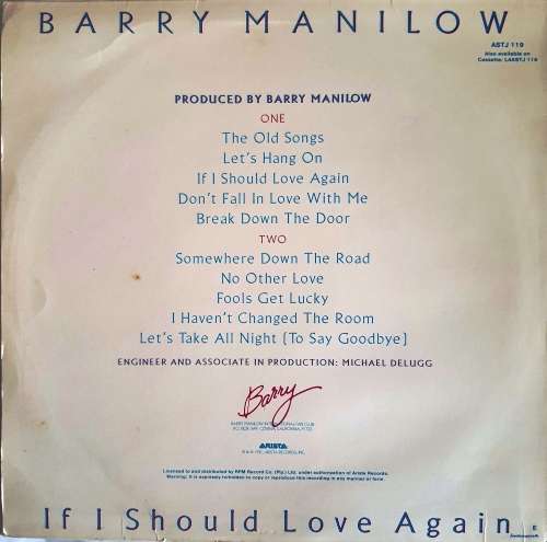 LP,Barry Manilow,If I Should Love Again,Record:VG+,Cover:VG,Label:Arista,CAT:ASTJ 119,Press:SA