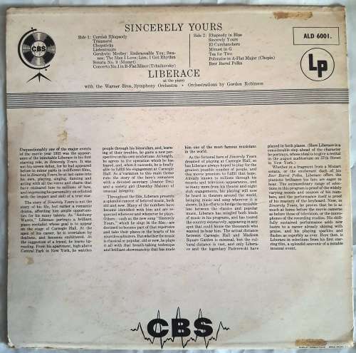 LP,Liberace,Sincerely Yours,Record:VG+,Cover:VG,Label: CBS,CAT:ALD 6001,Press:SA