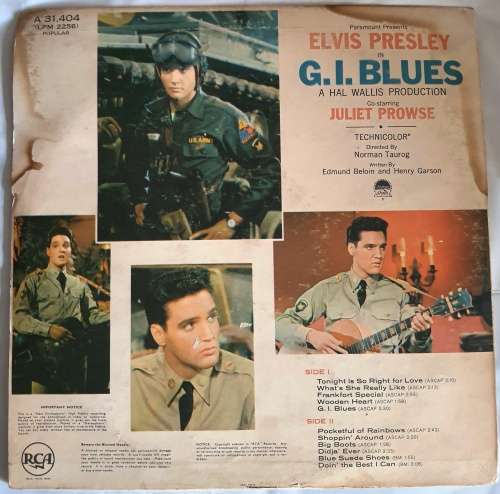 LP,Elvis Presley,G. I. Blues,Record:VG+,Cover:G,Label:RCA.A 31404,Press:SA,Mono