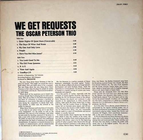 LP,The Oscar Peterson Trio,We Get Requests,M:VG+,C:VG+,Label:Verve Records.2304,Press:Germany