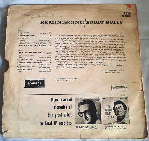 LP,Buddy Holly,Reminiscing,M:G+,C:G,Label:Coral.ZA 6190,Press:SA