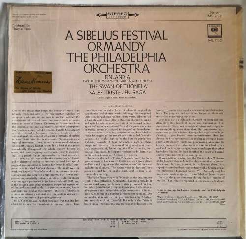 LP,Sibelius,Philadelphia Orchestra,Eugene Ormandy,M:VG+,C:VG+,Label:Columbia.MS 6732,Press:US
