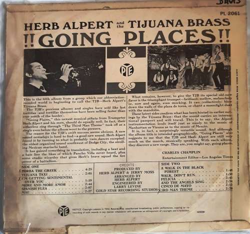 LP,Herb Alpert And The Tijuana Brass,Going Places,M:VG+,C:VG,Label:A&M Records.PL 2061,Press:SA