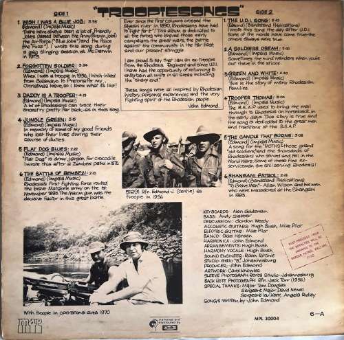 LP,John Edmond,Troopiesongs,M:VG+,C:VG+,Label:Map.MPL 30004,Press: Rhodesia
