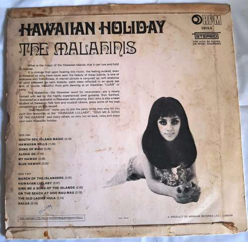 LP,Hawaiian Holiday, The Malafinis,Record:G,Cover:G,Label:RPM.1014-S,Press:UK
