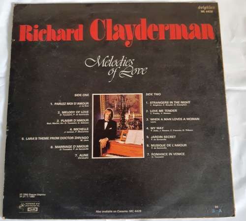LP,Richard Clayderman,Melodies Of Love,R:VG+,C:VG+,L:Gallo.ML 4428,Press:SA