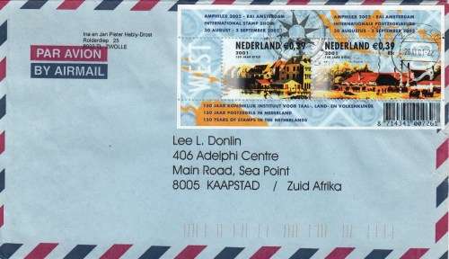 Cover from Netherlands to Cape Town, 2022, with 2001 Amphilex Stamp Show Sheet of 2