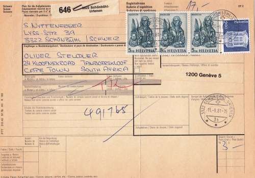 Switzerland 1980`s to Cape Town - 5 Parcel cards