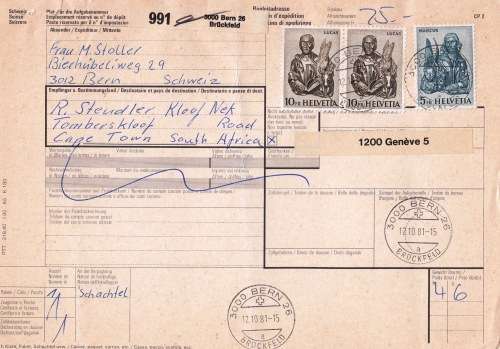 Switzerland 1980`s to Cape Town - 5 Parcel cards