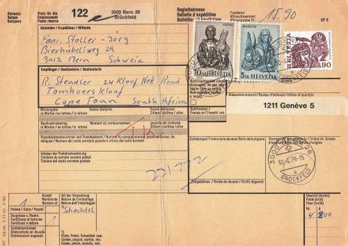 Switzerland 1980`s to Cape Town - 5 Parcel cards