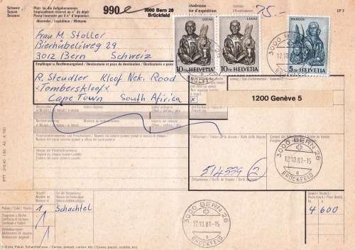 Switzerland 1980`s to Cape Town - 5 Parcel cards