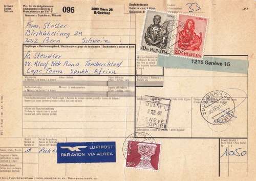 Switzerland 1980`s to Cape Town - 5 Parcel cards