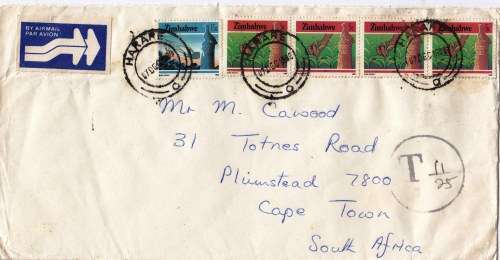 1989 cover from Zimbabwe to RSA - Surcharged