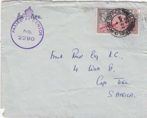 Gibraltar - 1942 -  Air Mail - Opened by sensor - Army Forces - Cover to South Africa
