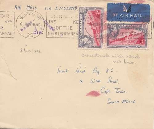 Gibraltar - 1940 - Air Mail via England - P.B.C Grid - Cover to South Africa