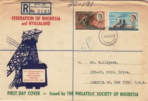 Rhodesia & Nyasaland, QEII, 1961, FDC, to USA, tear at the top
