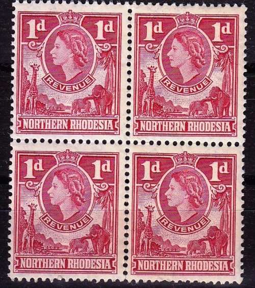 Northern Rhodesia,Revenue 1955 QEII 1d block of 4,MNH,Small cut in perforation