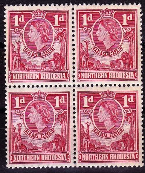 Northern Rhodesia,Revenue 1955 QEII 1d block of 4,MNH,Small cut in perforation