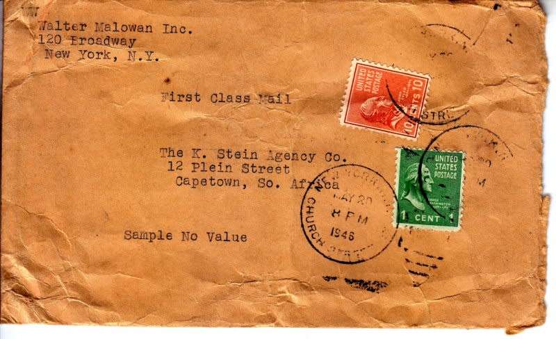 United States,1946 entire from New York to Cape Town