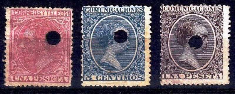 Spain,Scott #249,257,268,1879/1905,FU,the punched holes used telegraphically, toning