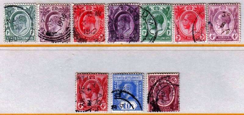 Straits Settlements,Scott #109,110,112130,149,152,153,154,156,190,VFU,KGV,CV$9.50