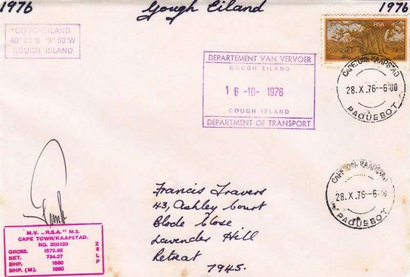 RSA,1976,Special cover from Gough Island,Boat,mail,signed, Toning