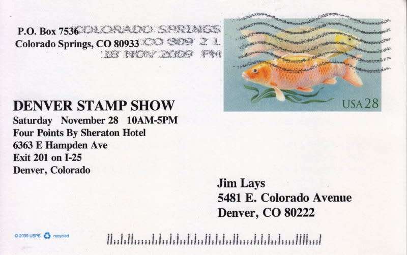USA ,Denver Stamp Show invite,2009,Stunning fish imprinted stamp!